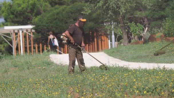 Kroatien Pula Juli 2019 Slåtter Gräset Park Vid Havskusten — Stockvideo