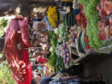 Hırvatistan, Medulin, 24 Temmuz 2019: Kırsal Akdeniz fuarının tezgahında olgunlaşmış çiftlik meyveleri ve sebzeleri
