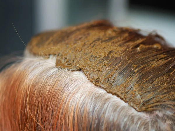 henna dyeing gray hair on a woman\'s head