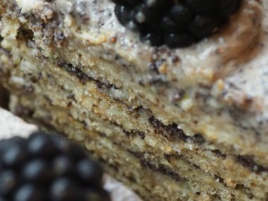 Ev yapımı haşhaş tohumu ile doldurulmuş un ve böğürtlenlerle süslenmiş kek.