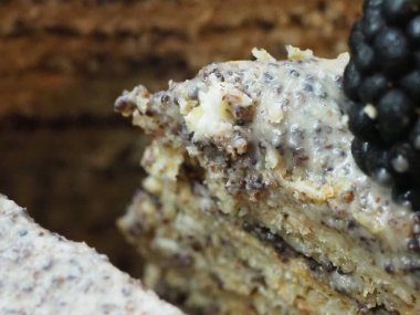 Ev yapımı haşhaş tohumu ile doldurulmuş un ve böğürtlenlerle süslenmiş kek.