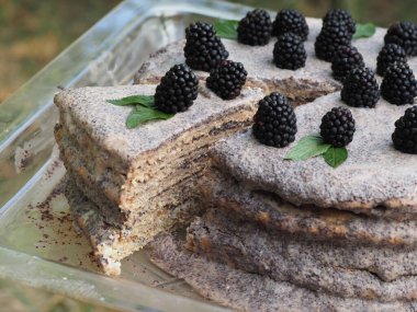 Ev yapımı haşhaş tohumu ile doldurulmuş un ve böğürtlenlerle süslenmiş kek.