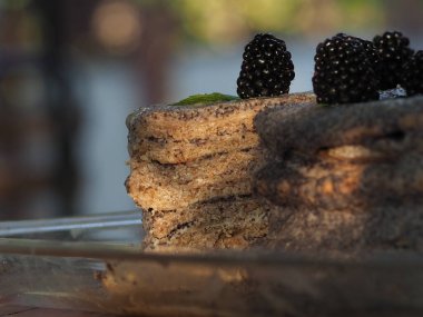 Ev yapımı haşhaş tohumu ile doldurulmuş un ve böğürtlenlerle süslenmiş kek.
