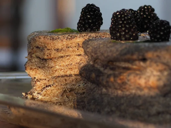 homemade cake with poppy seed filling of wholemeal flour and decorated with blackberries