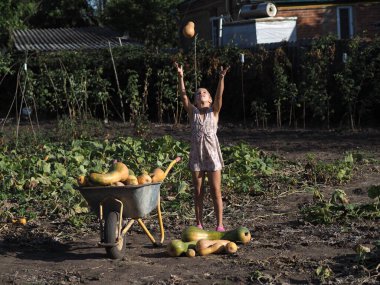 Avrupalı görünümlü sarışın bir kızın portresi. Bahçede kabak toplamaya yardım ediyor.