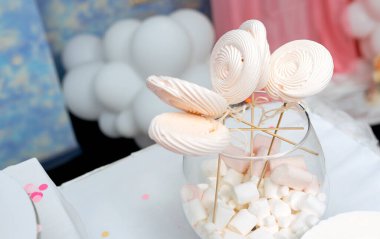 Ev yapımı şekerlemeler sopa üzerinde Meringue şekeri ahşap çubuk üzerinde vazoda parti