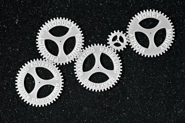 Farklı yazıtlara sahip birkaç vites. Finans konusu. Para, satış, pazarlama, ürün, reklam.