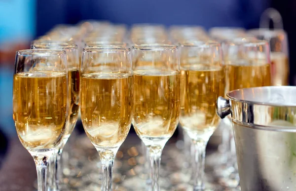 Un montón de copas de champán en la mesa con un cubo de hielo —  Fotos de Stock