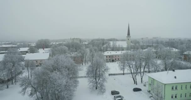 Vue Aérienne Ville Gelée Lors Une Journée Froide Hiver Lever — Video