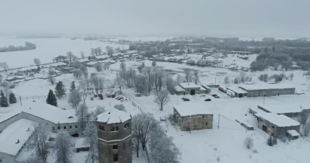 Vista Aérea Ciudad Congelada Frío Día Invierno Salida Del Sol — Vídeo de stock