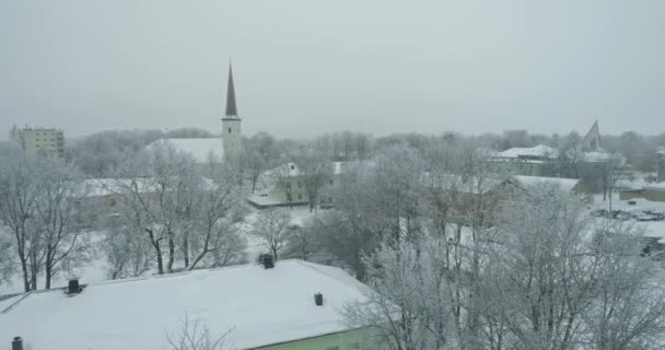 Luchtfoto Van Bevroren Stad Koude Winterdag Sunrise Mistige Dag — Stockvideo