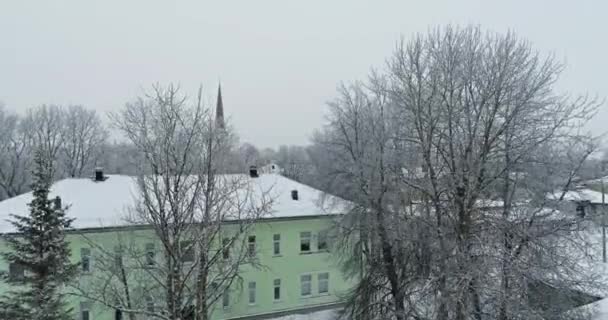 Vue Aérienne Ville Gelée Lors Une Journée Froide Hiver Lever — Video