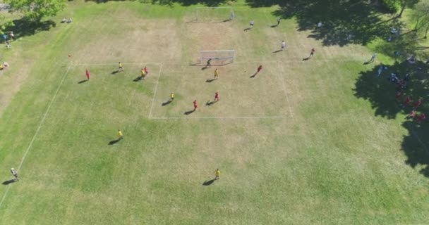 Две Команды Играют Футбол Открытом Воздухе Вид Сверху — стоковое видео