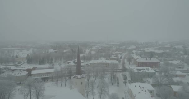 Vista Aérea Ciudad Congelada Frío Día Invierno Salida Del Sol — Vídeo de stock