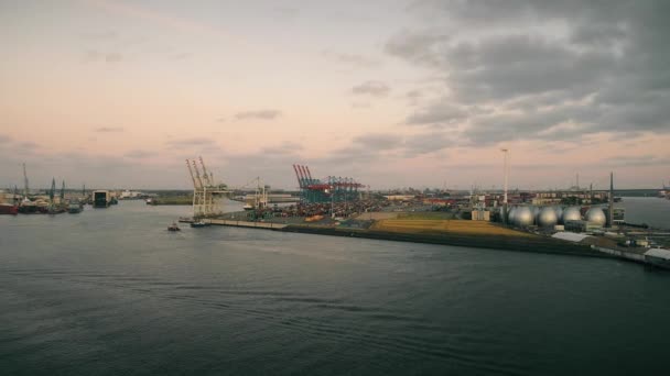 Лодки Корабли Красивые Здания Промышленная Зона Много Грузовых Контейнеров — стоковое видео