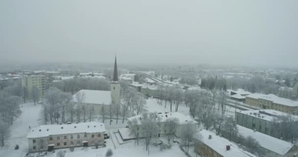 Luchtfoto Van Bevroren Stad Koude Winterdag Sunrise Mistige Dag — Stockvideo