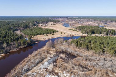 Sahil sahilinde havadan görünüm uçuşu, eriyen buz. Kumlu kıyı, göl, orman ve kar üzerinde havadan görünüm. 