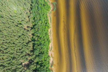 Mavi göl ve kumlu sahil havadan görünümü. Doğa Manzara.