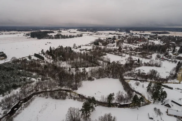 Vista Aérea Floresta Inverno Campos Rio Coberto Neve Panorama — Fotografia de Stock