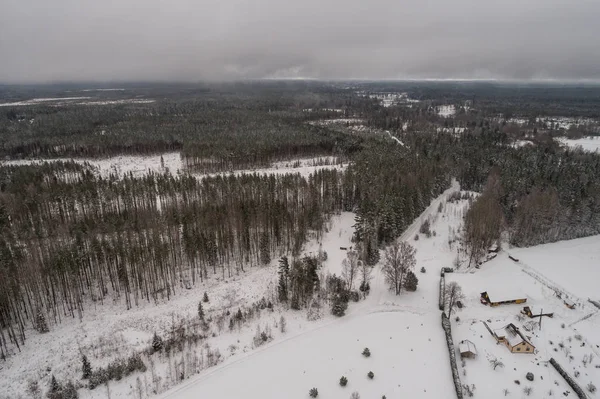 Vista Aerea Della Foresta Invernale Campi Fiume Coperto Neve Panorama — Foto Stock