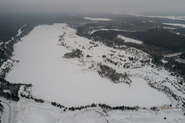 Aerial view of lake covered with snow. Forest.