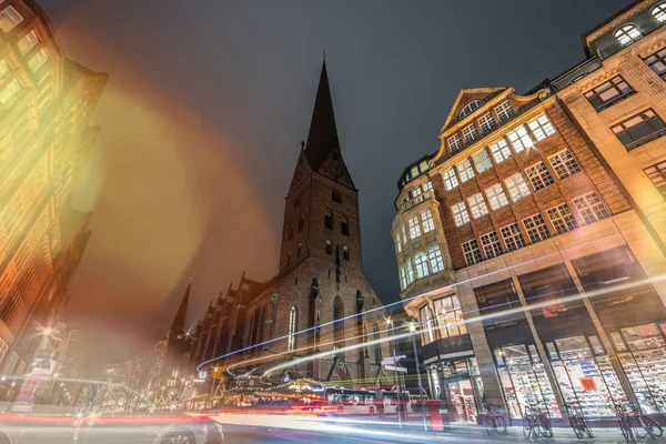 Navidad Hamburgo Alemania Ayuntamiento Noche Larga Exposición Fugas Ligeras Árbol —  Fotos de Stock