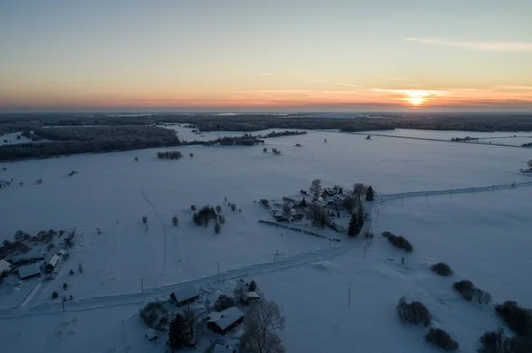 Vista Aérea Belo Pôr Sol Floresta Inverno — Fotografia de Stock