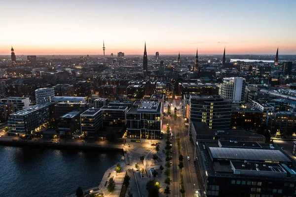 Aerial View of HafenCity in Hamburg at sunset. Port of Hamburg.