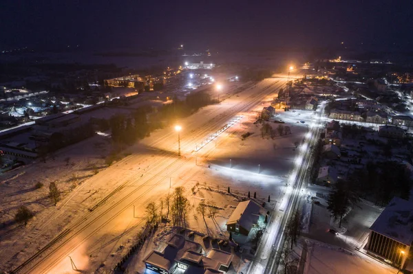 Letecký Pohled Město Zimní Noci Úžasné Zimní Krajina — Stock fotografie