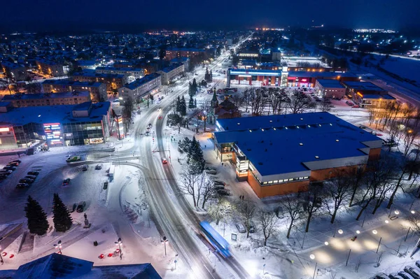 Luchtfoto Van Stad Bij Winternacht Geweldige Winterlandschap — Stockfoto