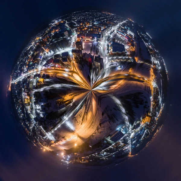 Seamless 360 panorama. Aerial view of city at winter night. Amazing winter landscape.