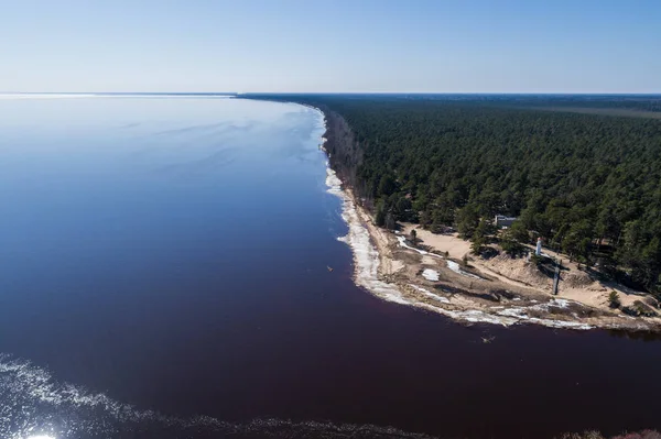 Légifotó Repülés Alatt Strand Partján Olvadó Jég Kilátás Homokos Tengerpartra — Stock Fotó