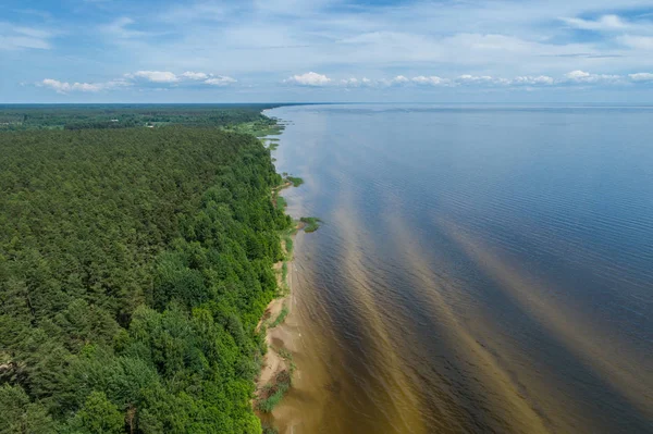 Letecký Pohled Modré Jezero Písečné Plážové Pobřeží Příroda Šířku — Stock fotografie