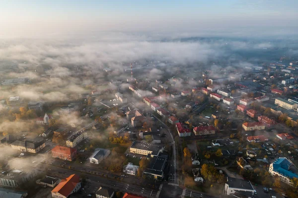 Luchtfoto Van Prachtige Zonsopgang Stad Stad Mist Mistig Landschap — Stockfoto
