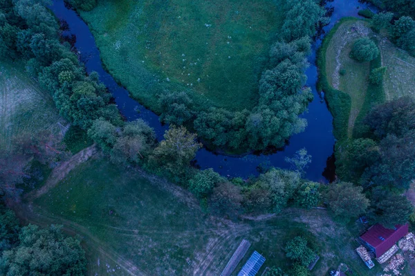 夏の季節の素晴らしい夕日の航空写真 自然の風景 フィールドとツリー — ストック写真