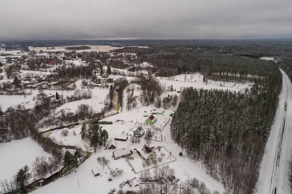 Vista Aérea Floresta Inverno Campos Rio Coberto Neve Panorama — Fotografia de Stock