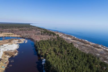 Sahil sahilinde havadan görünüm uçuşu, eriyen buz. Kumlu kıyı, göl, orman ve kar üzerinde havadan görünüm. 