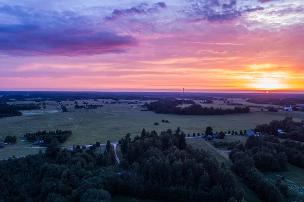 夏の季節の素晴らしい夕日の航空写真 自然の風景 フィールドとツリー — ストック写真