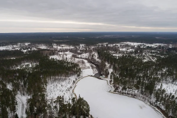 Veduta Aerea Del Fiume Della Diga Ghiacciati Paesaggio Invernale Panorama — Foto Stock