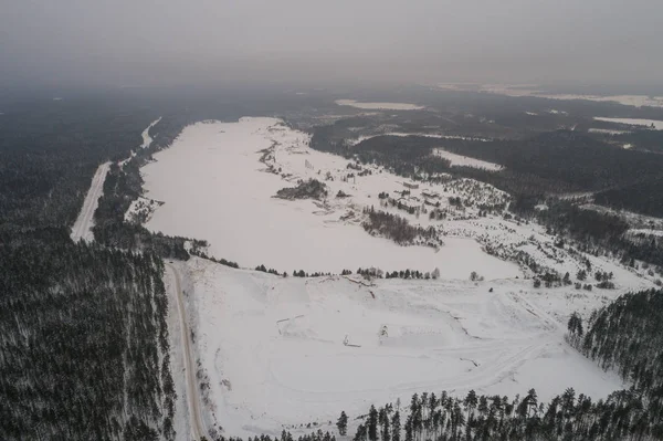 Vista Aérea Del Lago Cubierto Nieve Bosque —  Fotos de Stock