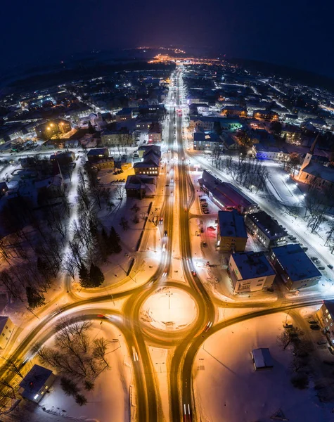Luchtfoto Van Stad Bij Winternacht Geweldige Winterlandschap — Stockfoto