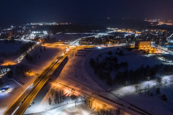 Luchtfoto Van Stad Bij Winternacht Geweldige Winterlandschap — Stockfoto