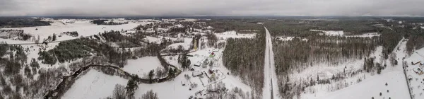 Vista Aérea Floresta Inverno Campos Rio Coberto Neve Panorama — Fotografia de Stock