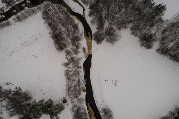 Vista Aérea Floresta Inverno Campos Rio Coberto Neve Panorama — Fotografia de Stock