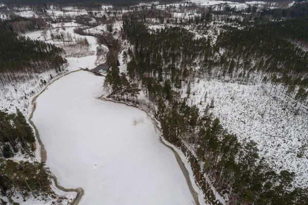 Vista Aérea Del Río Congelado Presa Paisaje Invernal Panorama —  Fotos de Stock