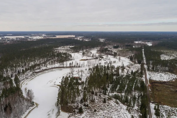 Veduta Aerea Del Fiume Della Diga Ghiacciati Paesaggio Invernale Panorama — Foto Stock