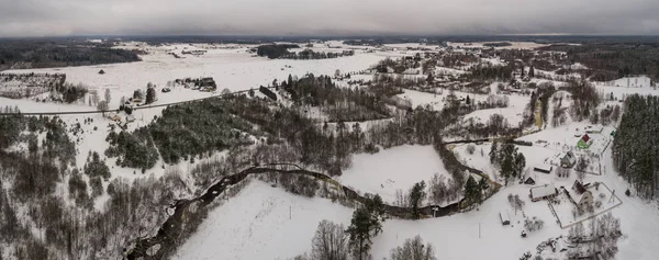 Вид Воздуха Зимний Лес Поля Реку Покрытую Снегом Панорама — стоковое фото