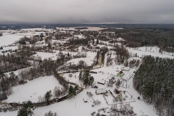 Vista Aérea Floresta Inverno Campos Rio Coberto Neve Panorama — Fotografia de Stock