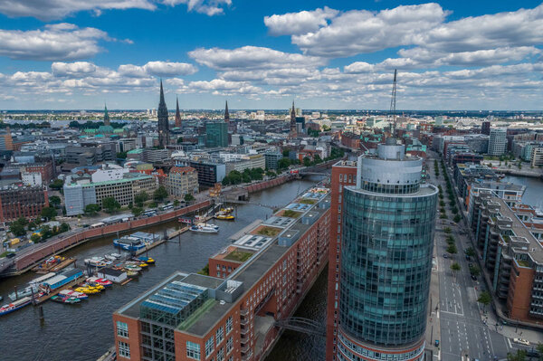 Aerial view of amazing port of Hamburg, Germany. Boats, ships and beautiful buildings