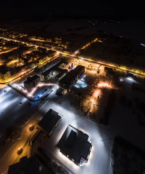 Luchtfoto Van Stad Bij Winternacht Geweldige Winterlandschap — Stockfoto